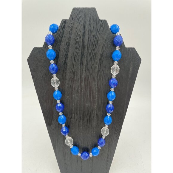 Vintage Blue & Clear Faceted Bead Necklace 1950's Gold Clasp For Women - Picture 4 of 5